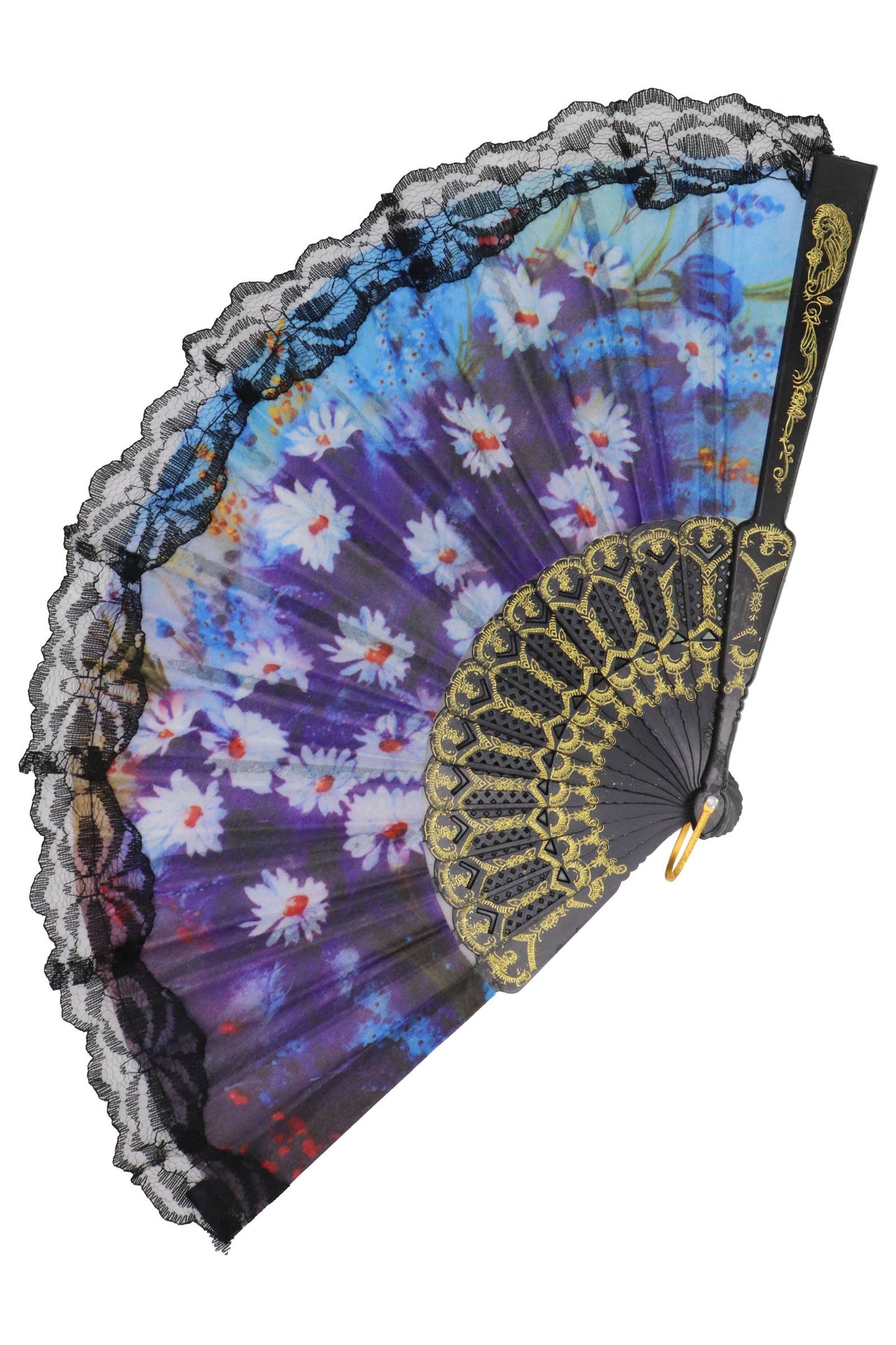 Sheer Floral Black Lace Trim Hand-Held Folding Fan