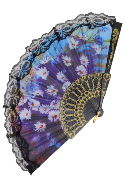 Sheer Floral Black Lace Trim Hand-Held Folding Fan
