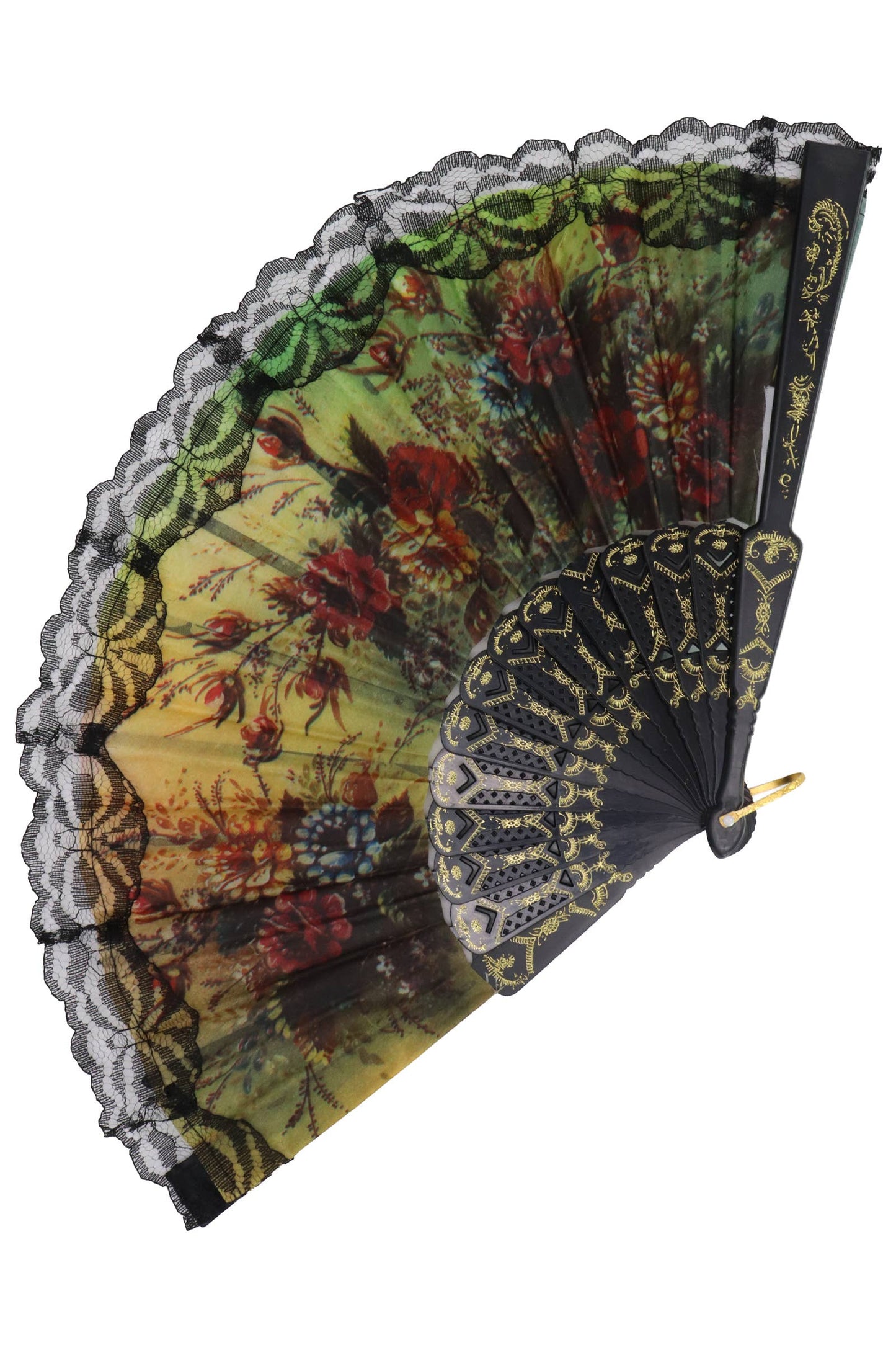 Sheer Floral Black Lace Trim Hand-Held Folding Fan