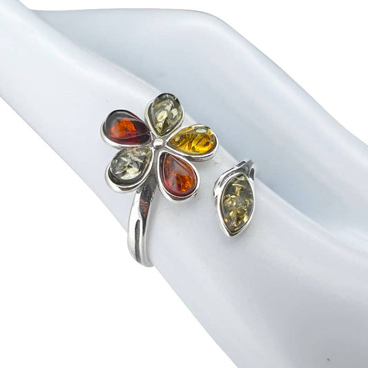 Flower Multicolor Amber Silver Adjustable Ring