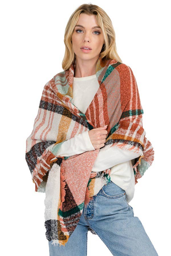 Madras Tartan Plaid Checkered Fray Trim Blanket Scarf