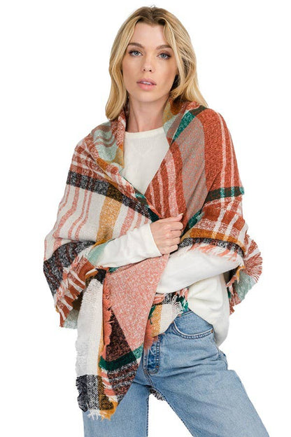 Madras Tartan Plaid Checkered Fray Trim Blanket Scarf