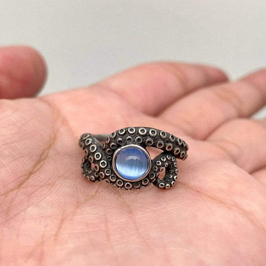 Blue Cats Eye Octopus Tentacle Stainless Steel Ring