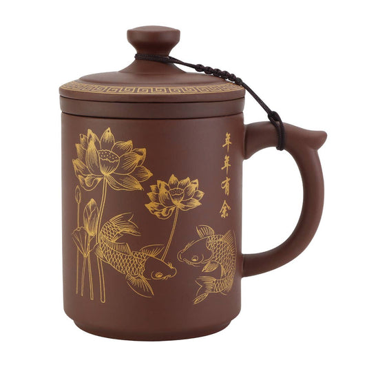 Koi Fish YiXing Clay Mug w/Strainer - Coffee Brown