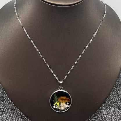 Dried Flower & Mushroom Round Charm Necklace
