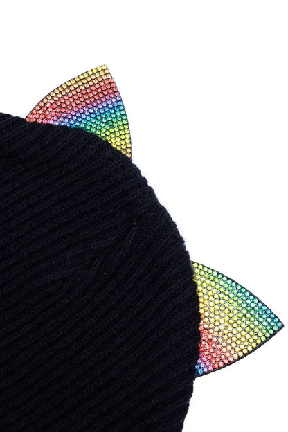 Rainbow Pride Bling Kitty Cat Ear Knitted Beanie Hat