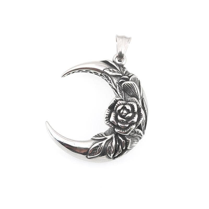 Rose Crescent Moon Charm Stainless Steel Pendant