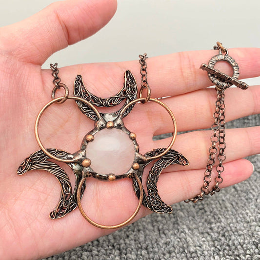 3 Crescent Moons Round Powder Crystal Charm Necklace