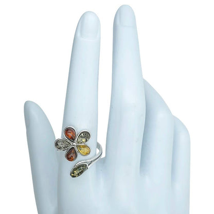 Flower Multicolor Amber Silver Adjustable Ring