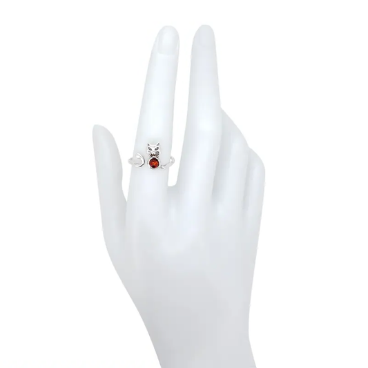 Cat Cognac Amber Sterling Silver Adjustable Ring