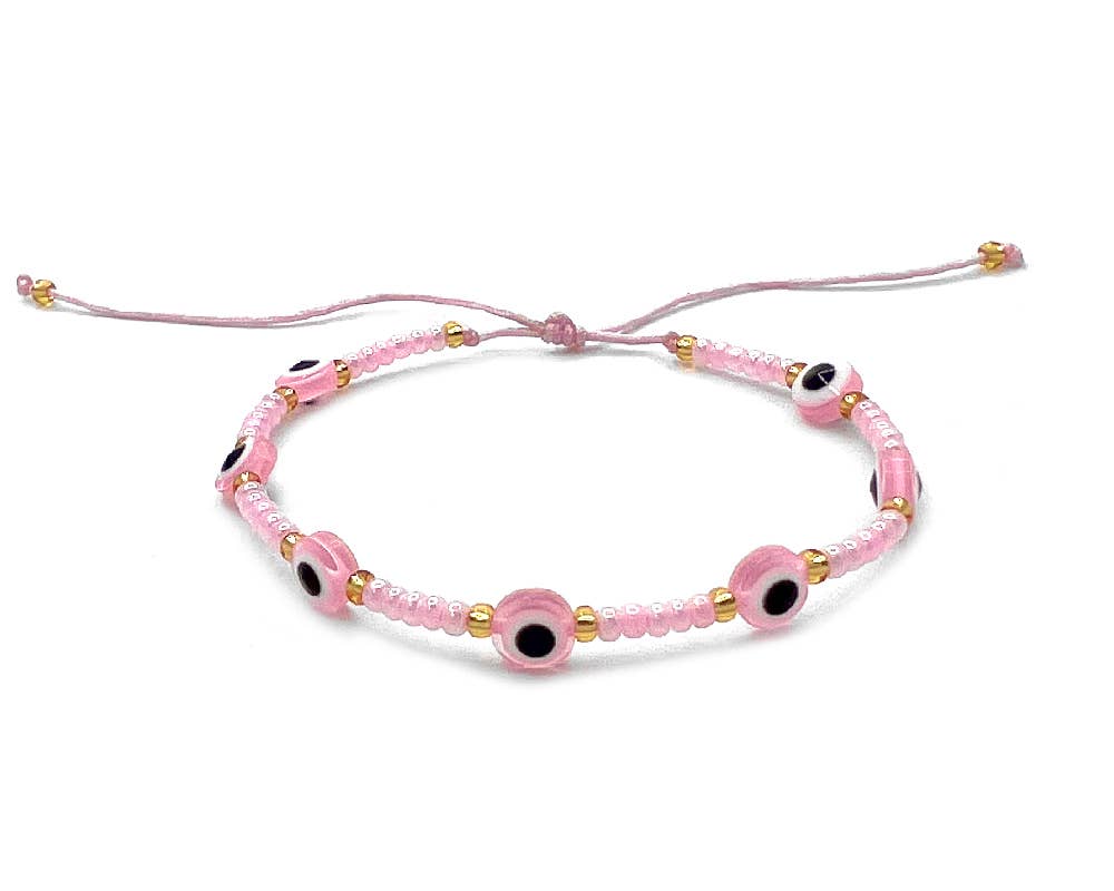 Multi Evil Eye Beaded String Pull Tie Bracelet