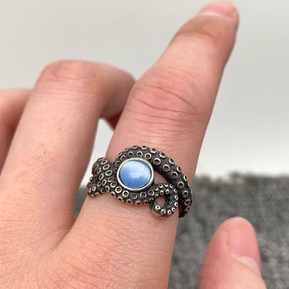 Blue Cats Eye Octopus Tentacle Stainless Steel Ring