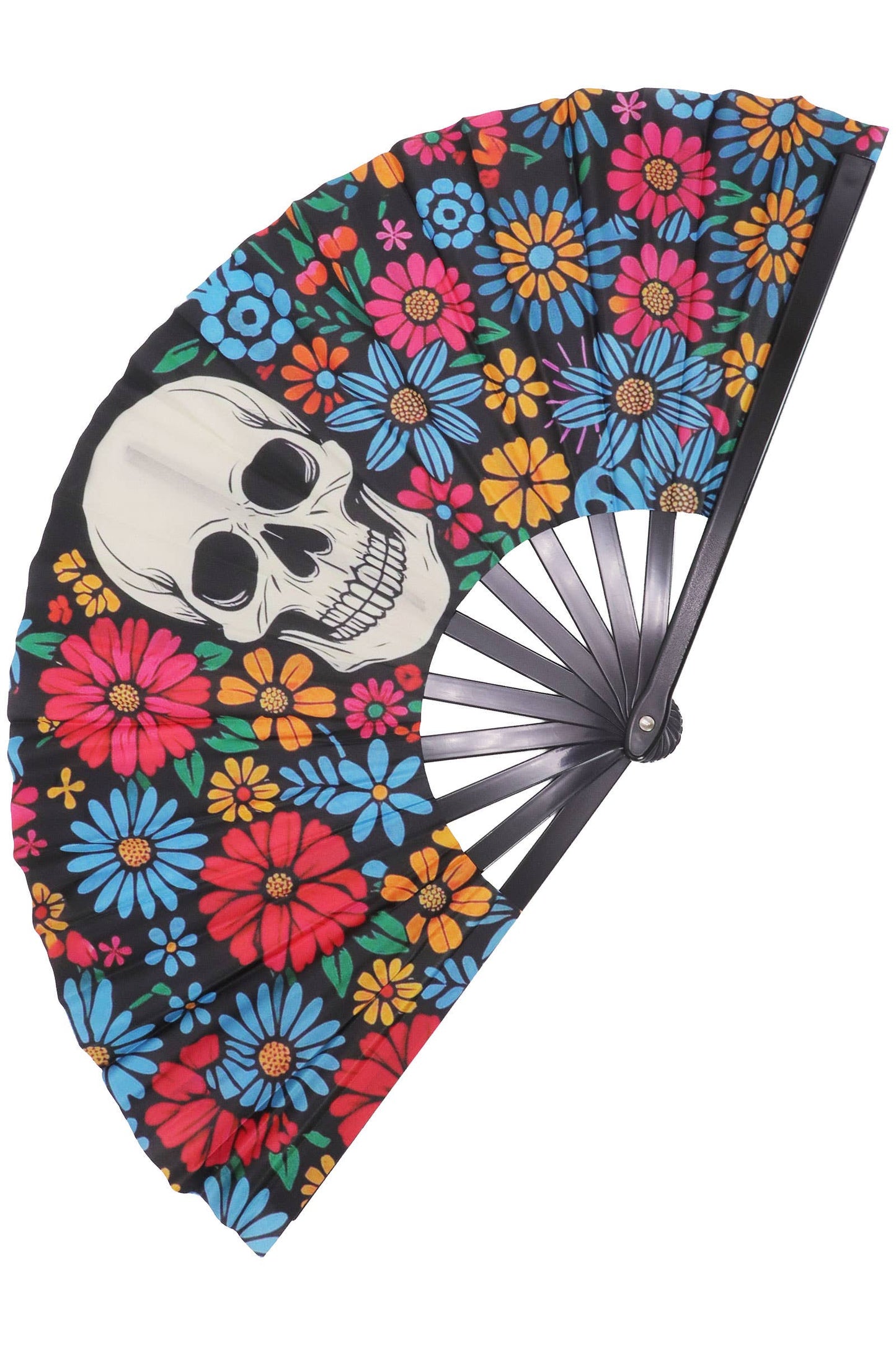 Large Sugar Skull Floral Line Dance Folding Fan - 13.5 Inch