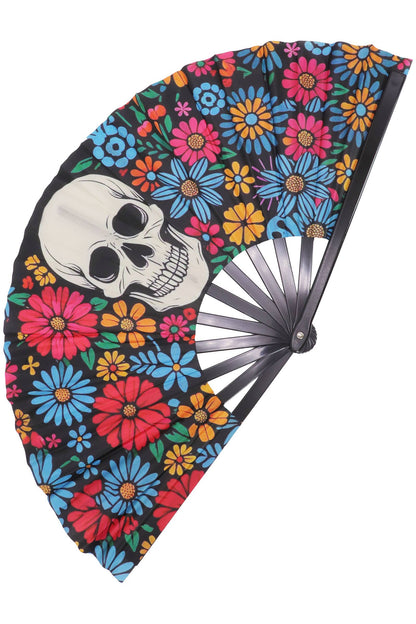 Large Sugar Skull Floral Line Dance Folding Fan - 13.5 Inch