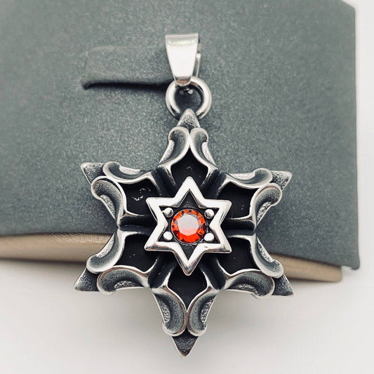 Stainless Steel Red Zircon Hexagram Charm