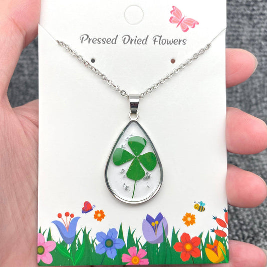 Four Leaf Clover Drop Charm Stainless Steel Necklace