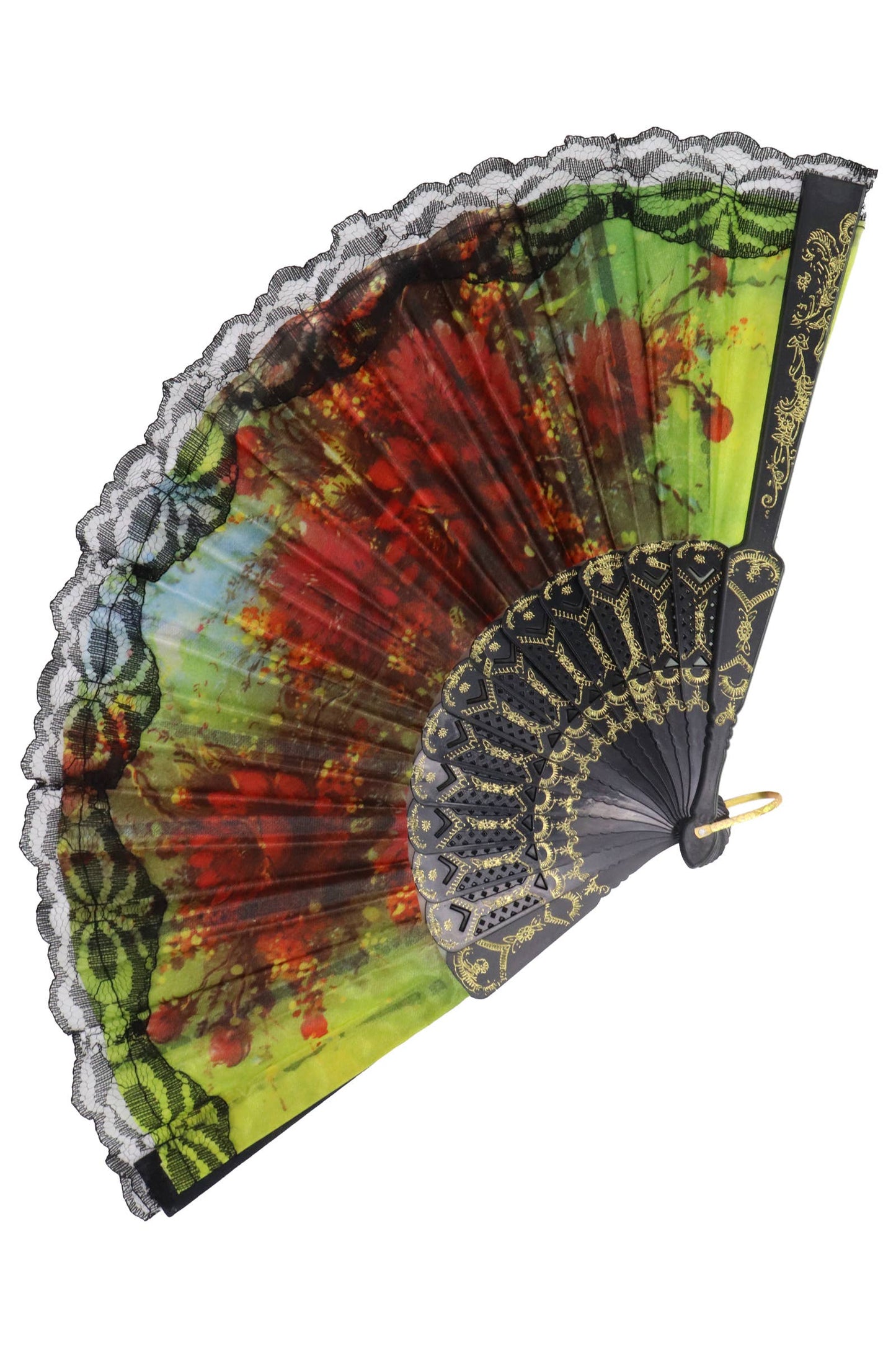 Sheer Floral Black Lace Trim Hand-Held Folding Fan