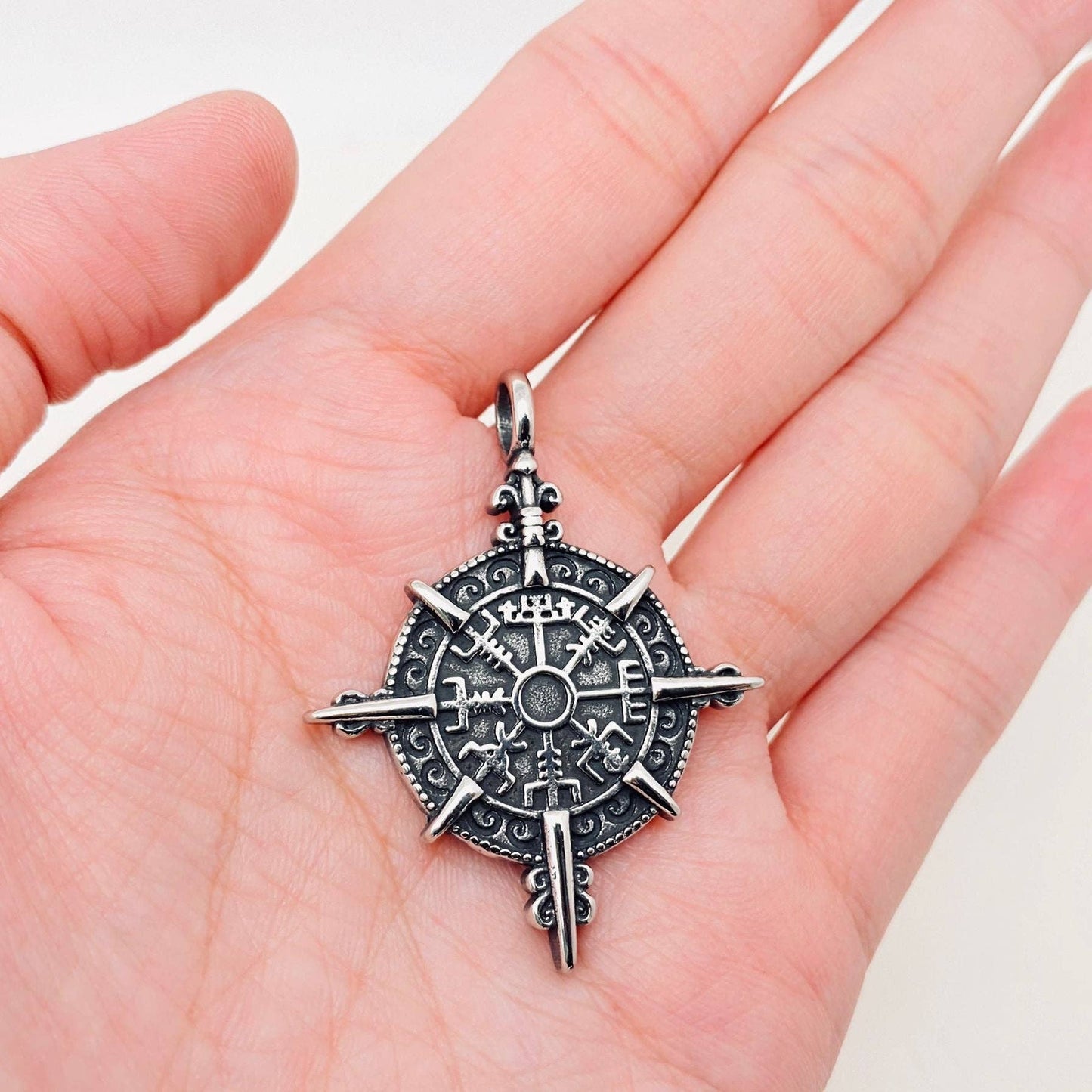 Stainless Steel Double Side Viking Compass Pendant