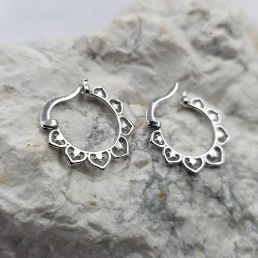 Silver Lotus Drop Hoop Earrings