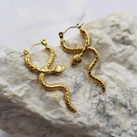 Goth Gold Snake Hoop Earrings - Halloween
