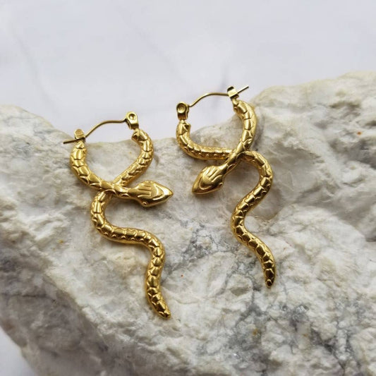 Goth Gold Snake Hoop Earrings - Halloween