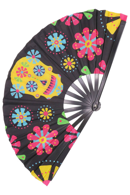 Large Sugar Skull Floral Line Dance Folding Fan - 13.5 Inch