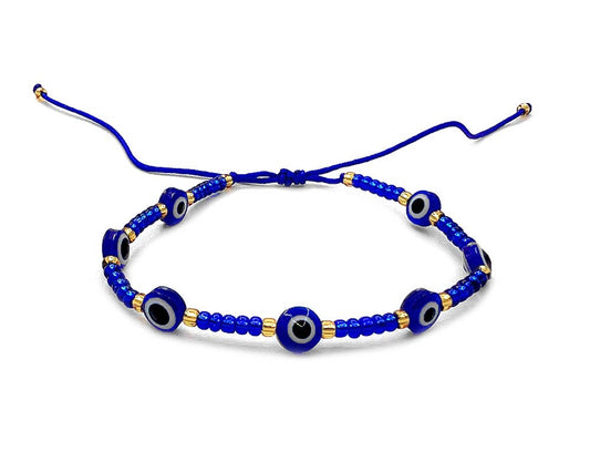 Multi Evil Eye Beaded String Pull Tie Bracelet