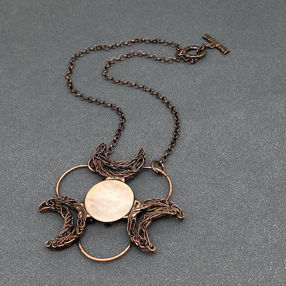 3 Crescent Moons Round Powder Crystal Charm Necklace