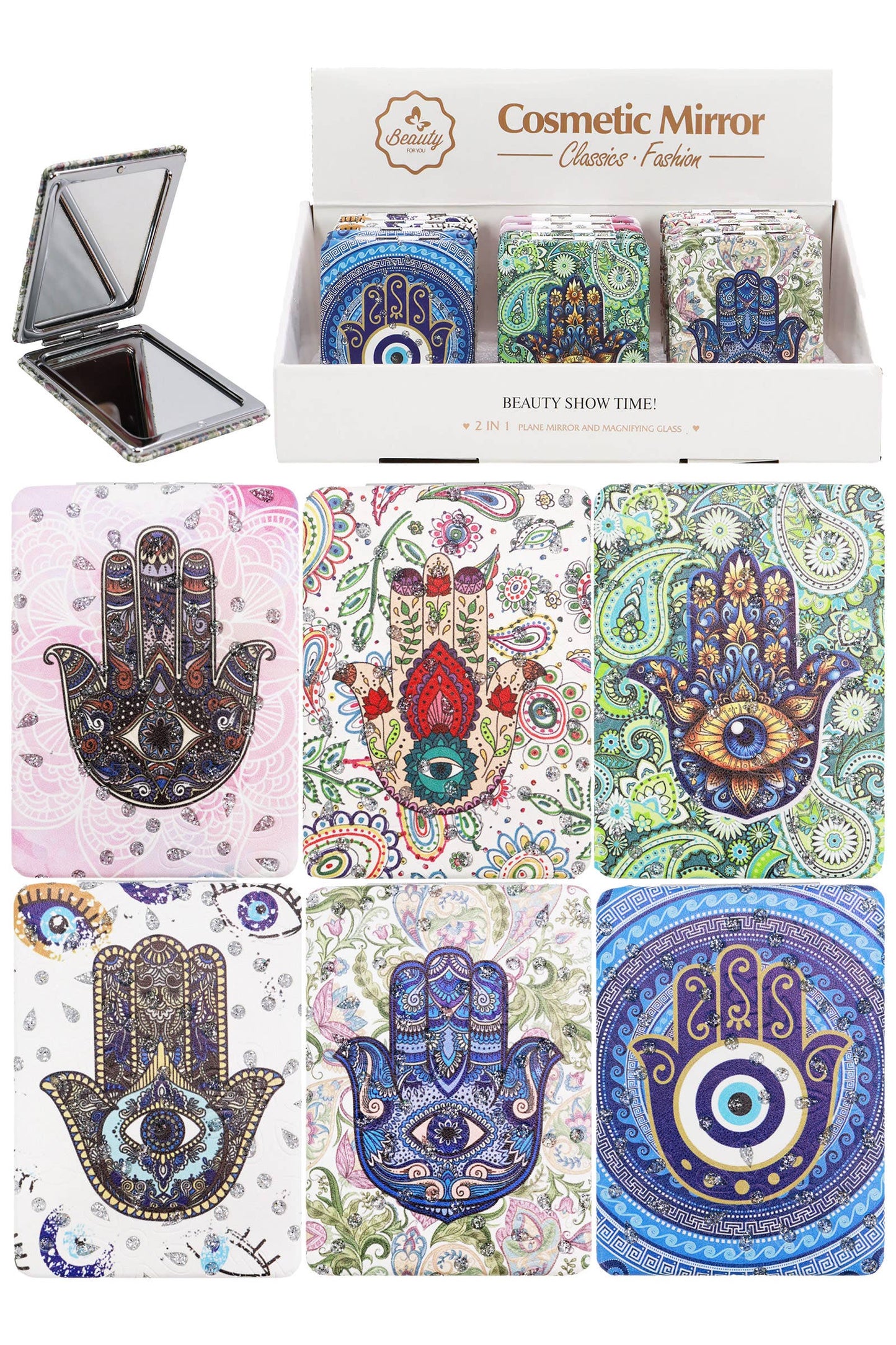 Hamsa Hand Glitter Compact Mirror - 12 Pc