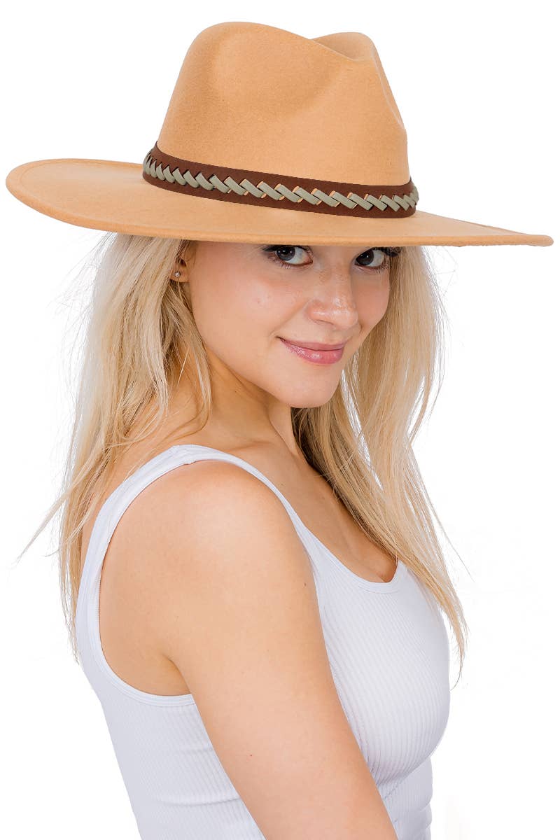 Faux Suede Leather Band Wide Brim Rancher Hat