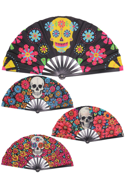 Large Sugar Skull Floral Line Dance Folding Fan - 13.5 Inch