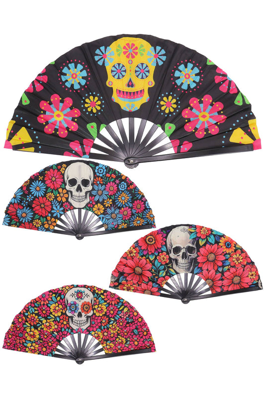 Large Sugar Skull Floral Line Dance Folding Fan - 13.5 Inch
