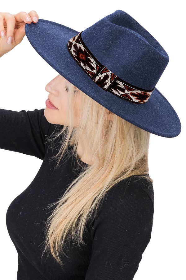 Navajo Rustic Band Pinch Crease Faux Wool Rancher Hat