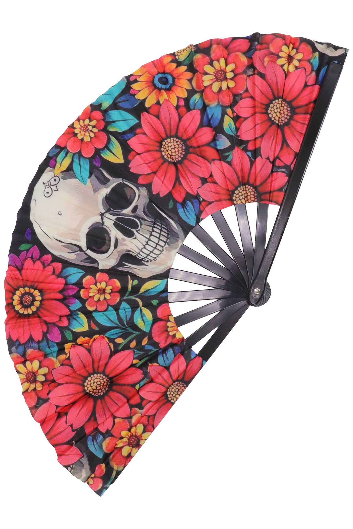 Large Sugar Skull Floral Line Dance Folding Fan - 13.5 Inch