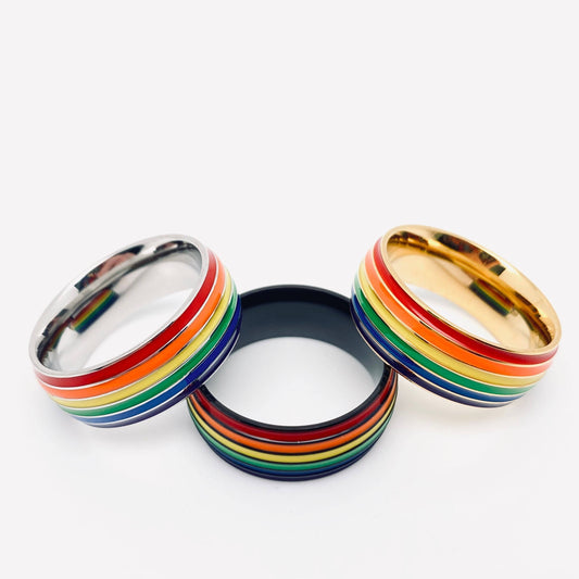 Rainbow Striped Stainless Steel Ring Men's Jewelry