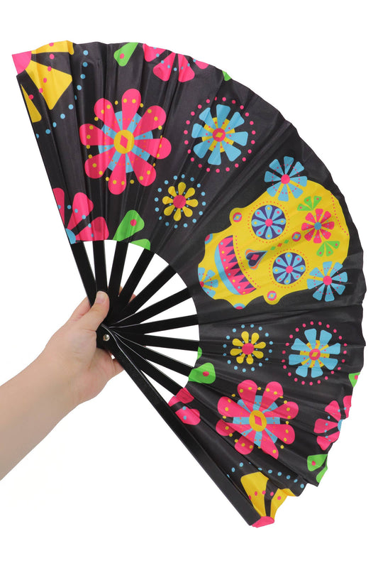 Large Sugar Skull Floral Line Dance Folding Fan - 13.5 Inch