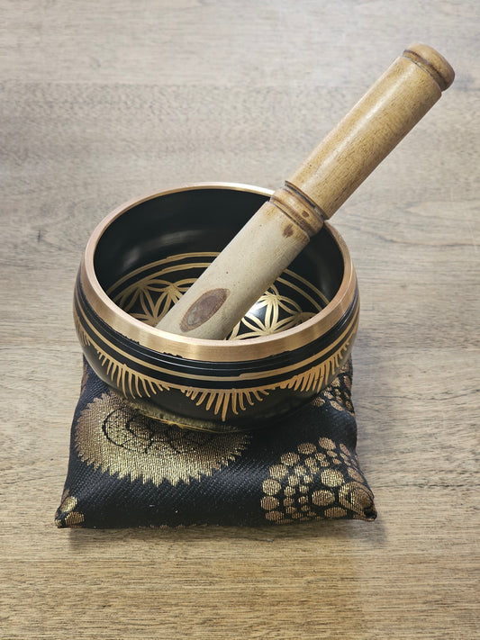 Black and Gold Flower of Life Singing Bowl with Cushion