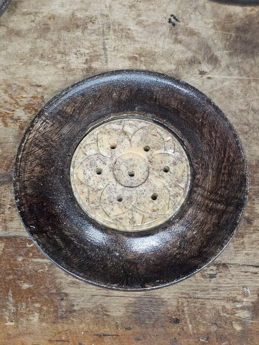 Wooden Incense Stick & Cone Holder with Carved Flowers