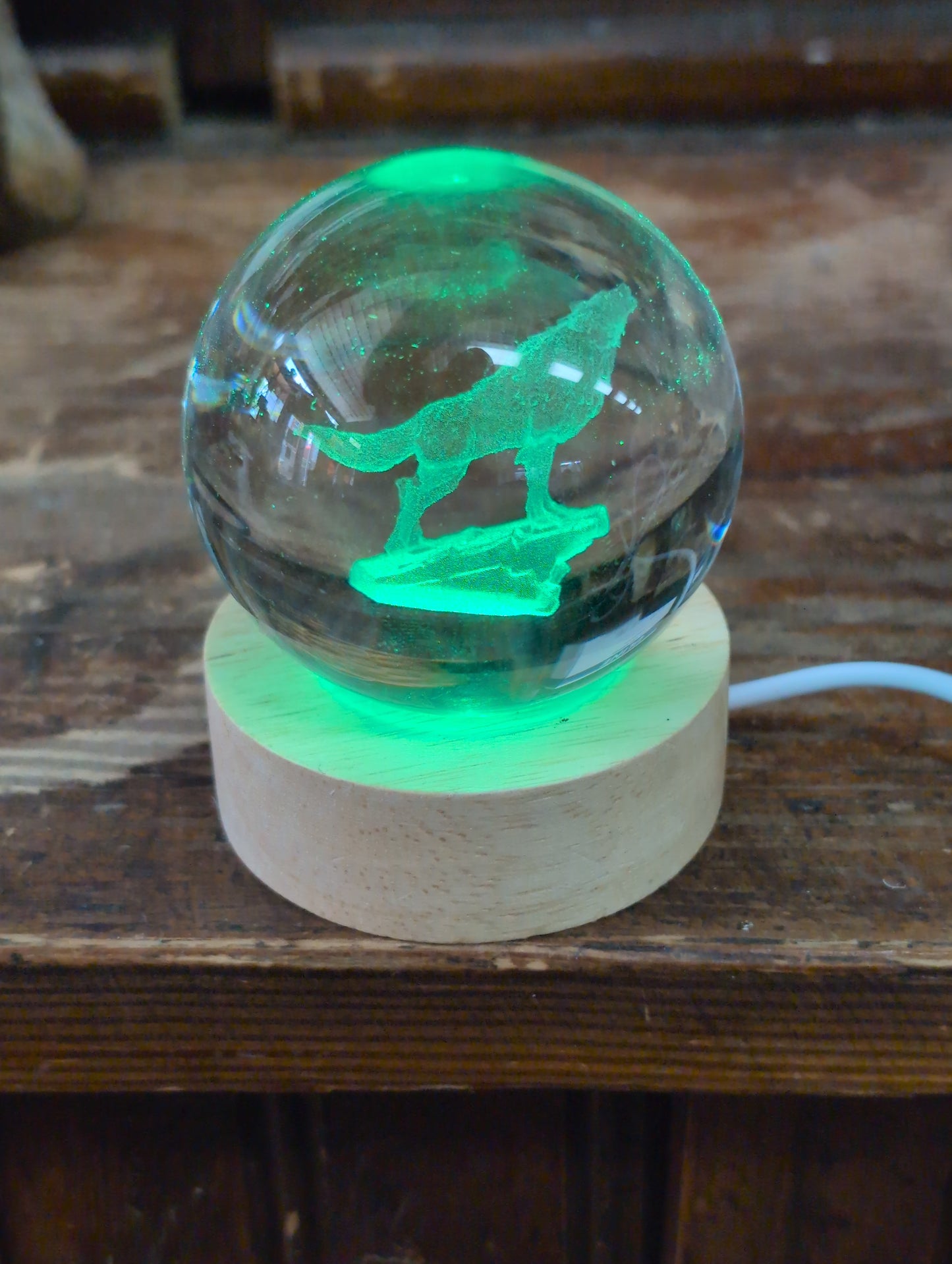 Wolf Engraved Sphere with Rainbow LED base
