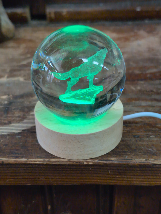 Wolf Engraved Sphere with Rainbow LED base