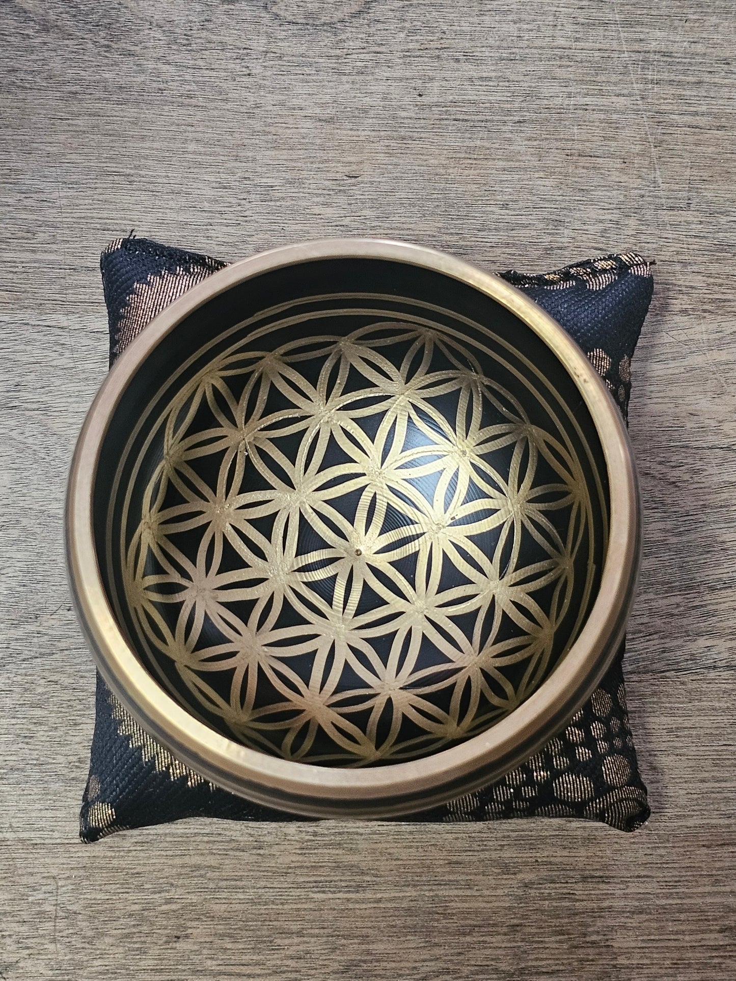 Black and Gold Flower of Life Singing Bowl with Cushion