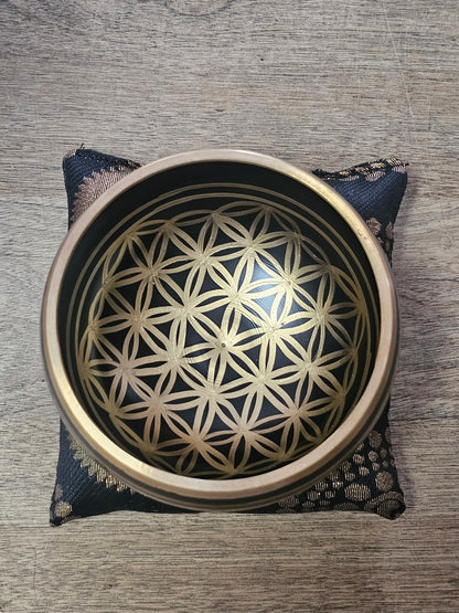 Black and Gold Flower of Life Singing Bowl with Cushion