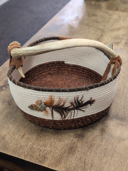 Handmade Rope Basket with Antler Handle