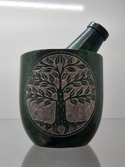 Green Tree of Life Mortar and Pestel - Soapstone