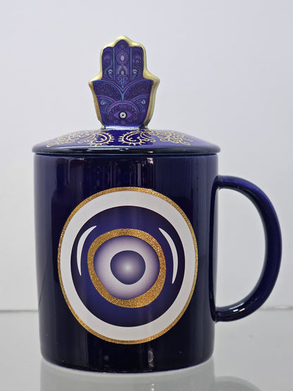 Multipurpose 3-in-1 ceramic coffee mug candle with gemstones & incense holder - Fatima hand with evil eye
