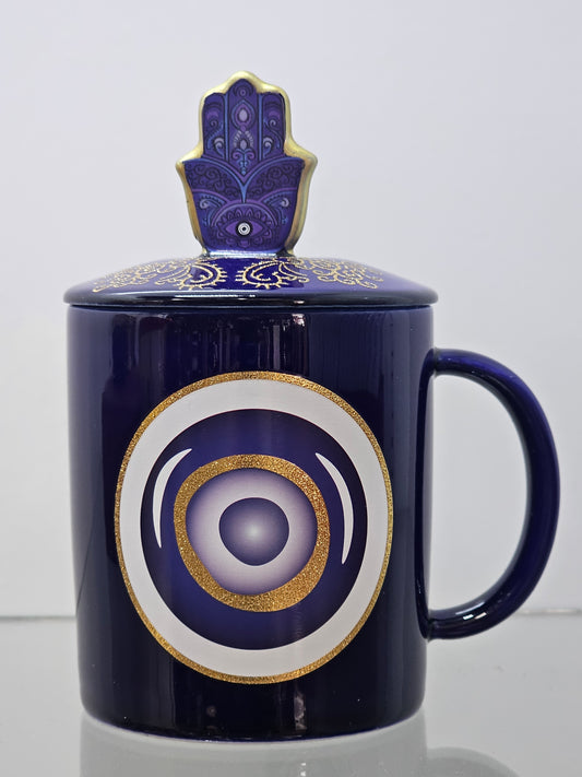 Multipurpose 3-in-1 ceramic coffee mug candle with gemstones & incense holder - Fatima hand with evil eye