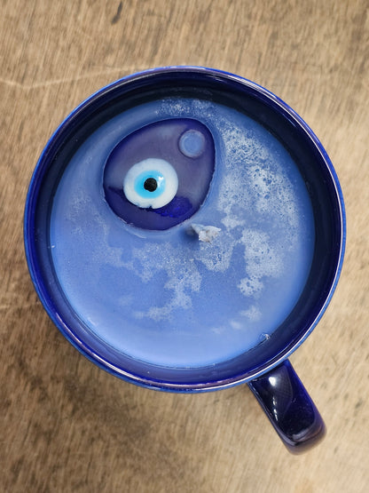 Multipurpose 3-in-1 ceramic coffee mug candle with gemstones & incense holder - Fatima hand with evil eye