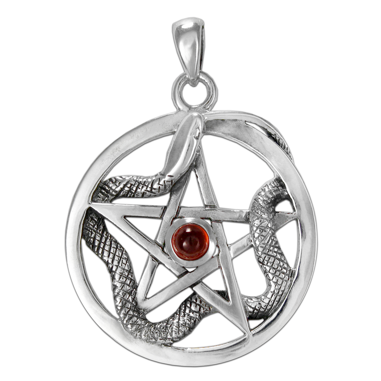 Sterling Silver Ouroboros Serpent Pentacle with Garnet
