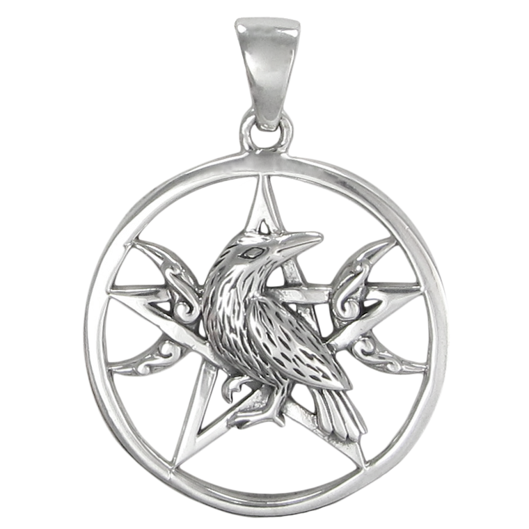 Sterling Silver Raven Moon Phase Pentagram Pendant
