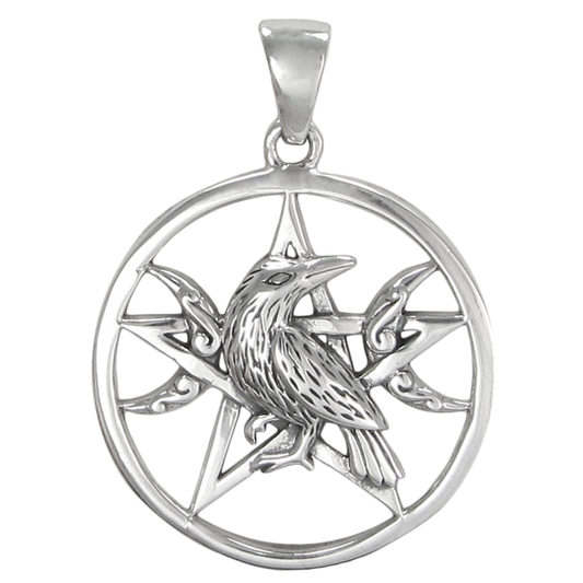 Sterling Silver Raven Moon Phase Pentagram Pendant